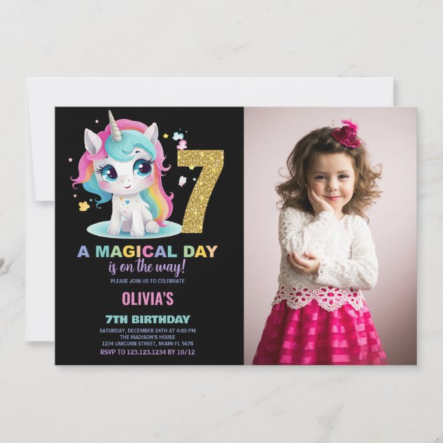 7 Birthday Unicorn Birthday - Foto dos Convites de (Frente)