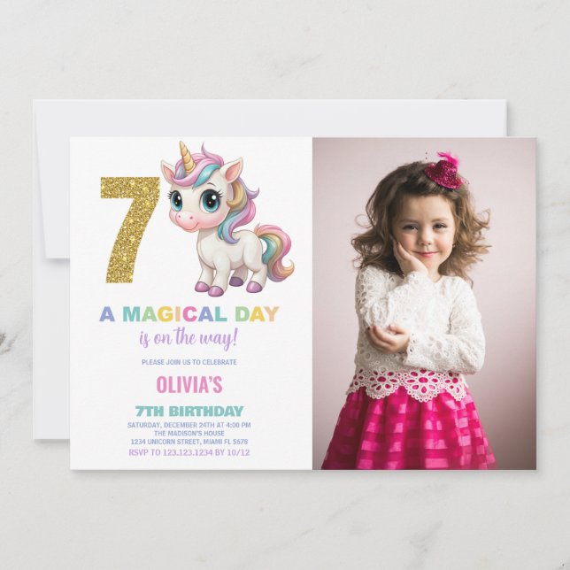 7 Birthday Unicorn Birthday - Foto dos Convites de (Frente)