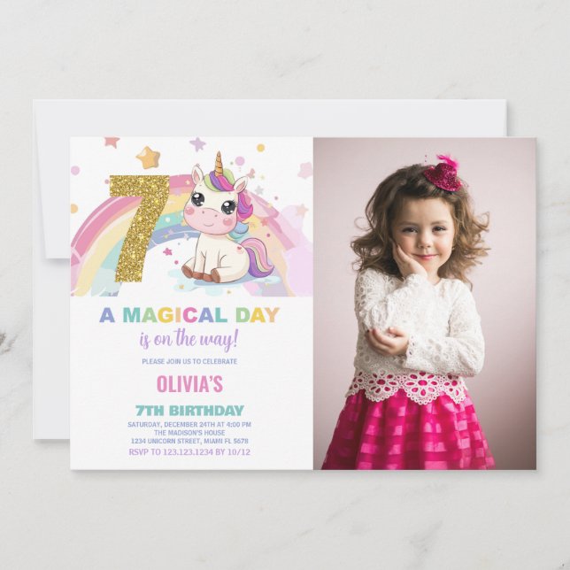 7 Birthday Unicorn Birthday - Foto dos Convites de (Frente)