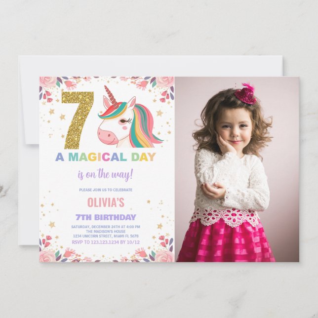 7 Birthday Unicorn Birthday - Foto dos Convites de (Frente)