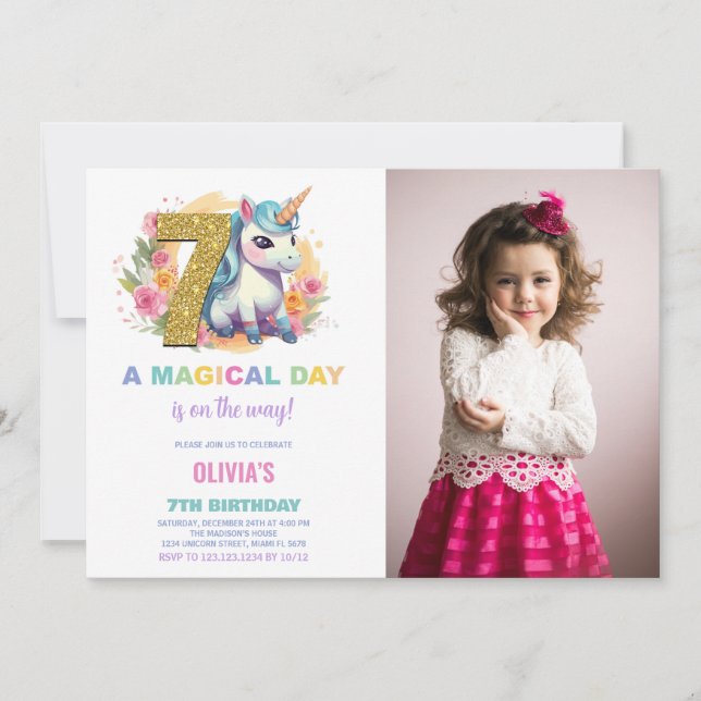 7 Birthday Unicorn Birthday - Foto dos Convites de (Frente)