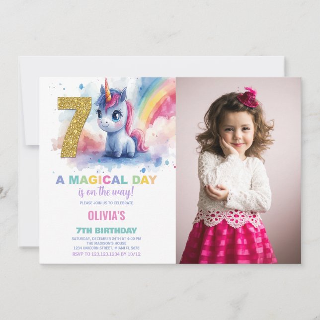 7 Birthday Unicorn Birthday - Foto dos Convites de (Frente)
