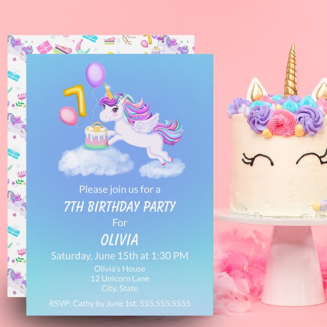 7 Birthday Unicorn Com Convite Para Bolo (Criador carregado)