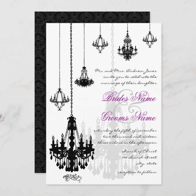 7 Convites para Casamento de Chandeliers Negros (Frente/Verso)
