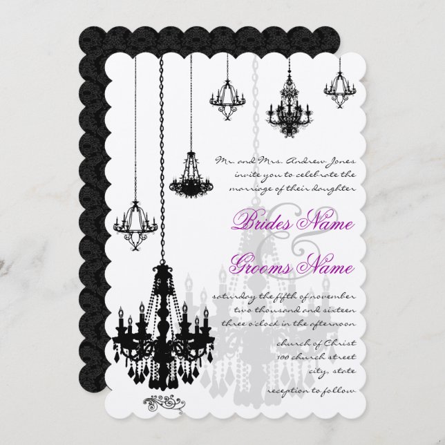 7 Convites para Casamento de Chandeliers Negros (Frente/Verso)