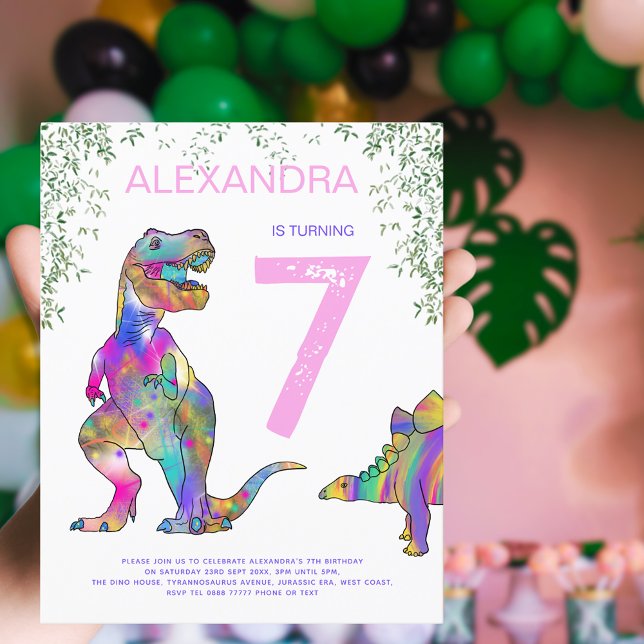7 do Dinossauro Festa de aniversário Rosa (Girls Dinosaur 7th birthday party budget invitation colorful watercolor T-Rex & stegosaurus  dino)