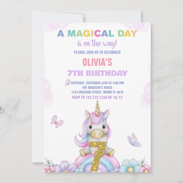 7 Floral Unicorn - Convites de Aniversário (Frente)