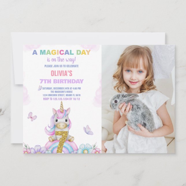7 Floral Unicorn - Convites de Aniversário com Fot (Frente)
