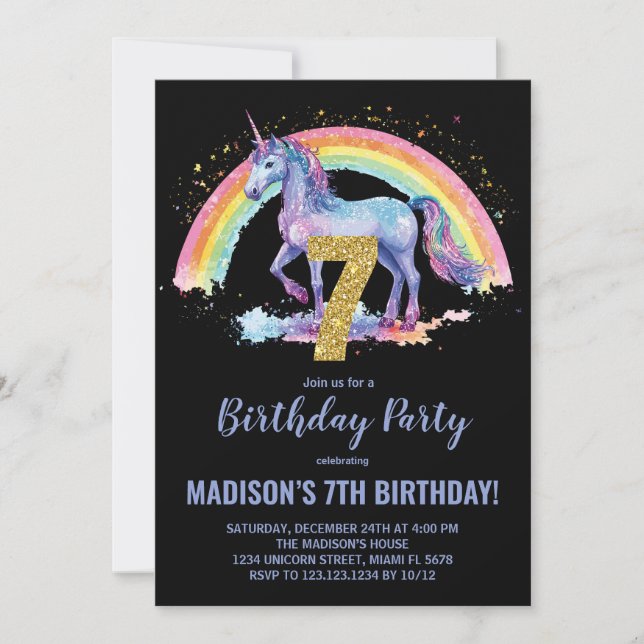 7 Rainbow Unicorn - Convites de aniversário (Frente)