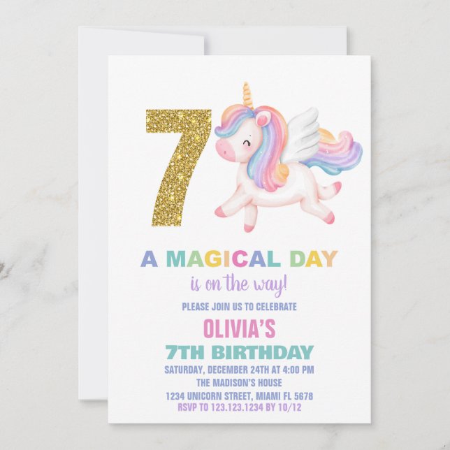 7 Rainbow Unicorn - Convites de aniversário (Frente)