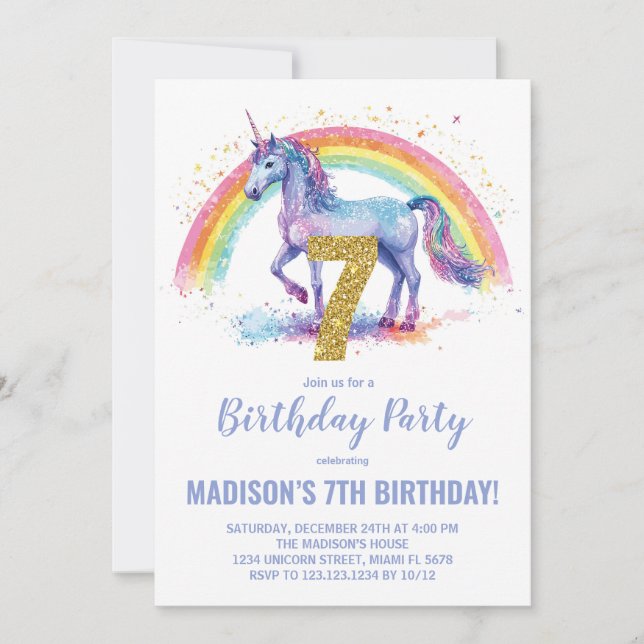 7 Rainbow Unicorn - Convites de aniversário (Frente)
