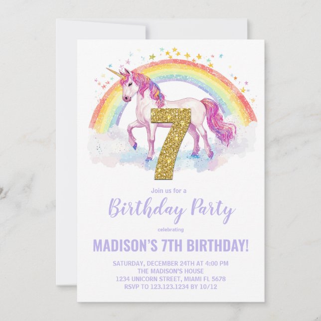 7 Rainbow Unicorn - Convites de aniversário (Frente)