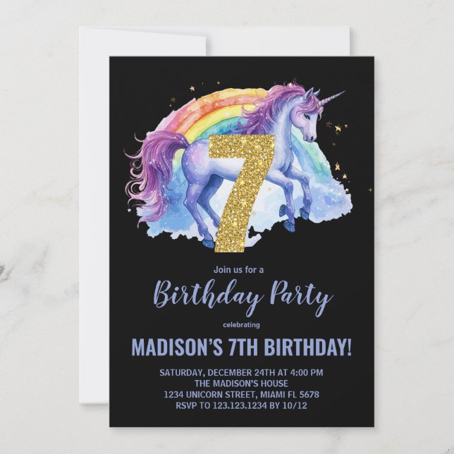 7 Rainbow Unicorn - Convites de aniversário (Frente)