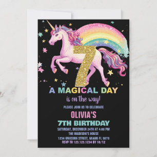 7 Unicorn - Convites de Aniversário em Preto