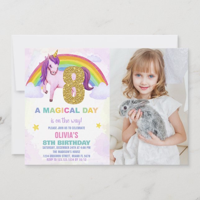 8º Convites de Aniversário do Rainbow Unicorn com  (Frente)