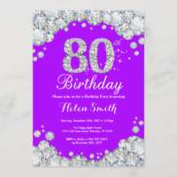 80 Aniversário Convite Roxo e Diamante Prateado
