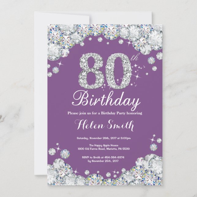 80 Aniversário do Convite Roxo e Diamante de Prata (Frente)