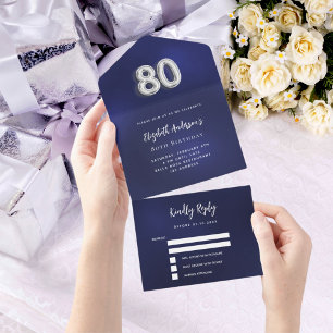 80 Aniversário marinho azul rsvp prata