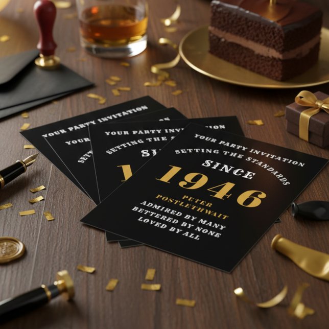80 Birthday 1946 Convite Dourado Negro (1946 80th birthday invitations on a table.)