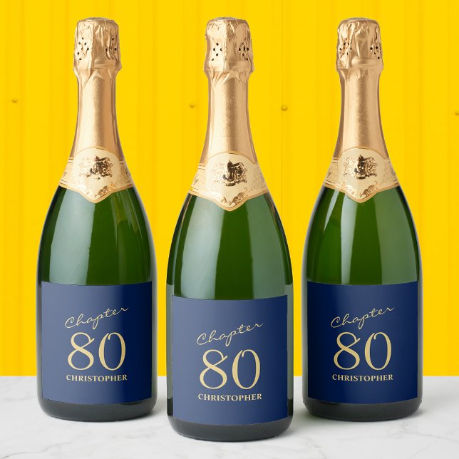 80 Birthday Blue Dourado Capítulo 80 (Custom 80th birthday sparkling wine and champagne labels. Easily personalized for a unique   party.)
