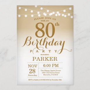 80 Birthday Convite Dourado Luzes de String