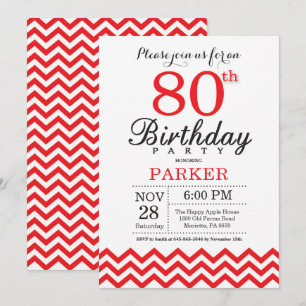 80 Birthday Convite Red Chevron