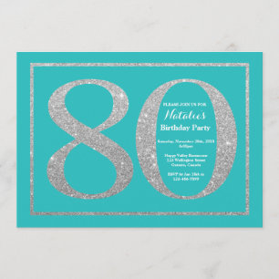 80 Birthday - Convite Teal e Brilho Prateado