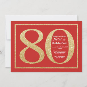 80 Birthday - Convite Vermelho e Dourado