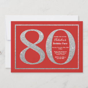 80 Birthday - Convite Vermelho e Silver Glitter