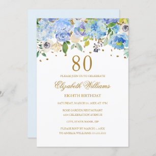 80 Birthday Elegant Blue Dourado Convite Floral