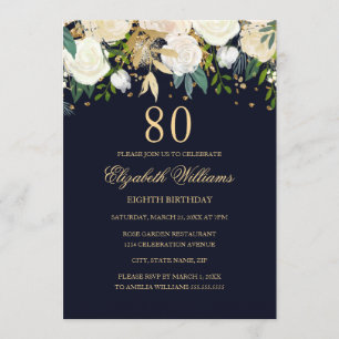 80 Birthday Elegant Marinho Dourado Convite Floral