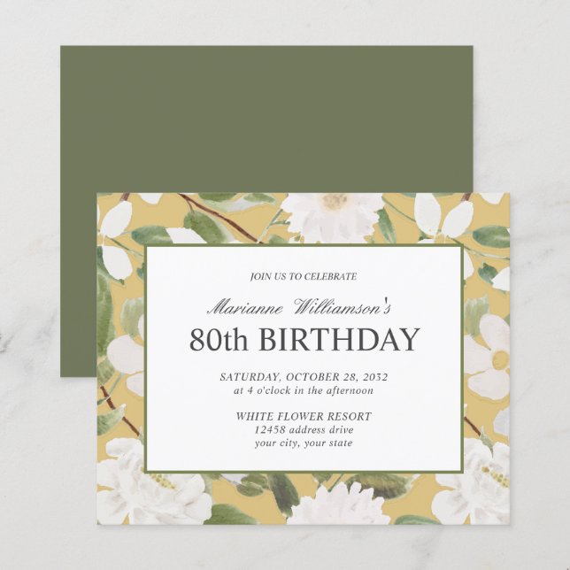 80 Birthday Feminine White Flowers Amarelo (Frente/Verso)