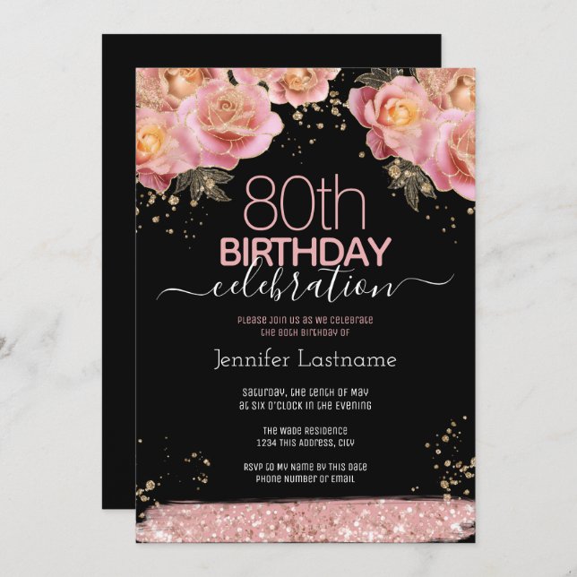 80 Birthday Pink Glitter Convites Florais (Frente/Verso)