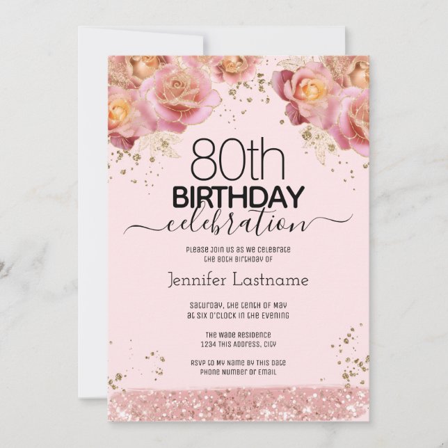 80 Birthday Pink Glitter Convites Florais (Frente)