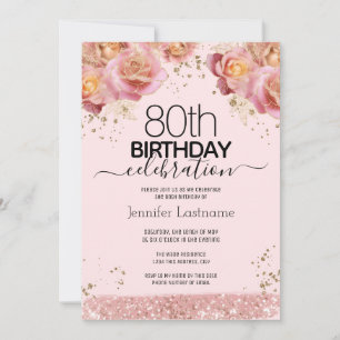 80 Birthday Pink Glitter Convites Florais