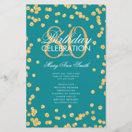 80 Birthday Programa Dourado Glitter Teal com Menu
