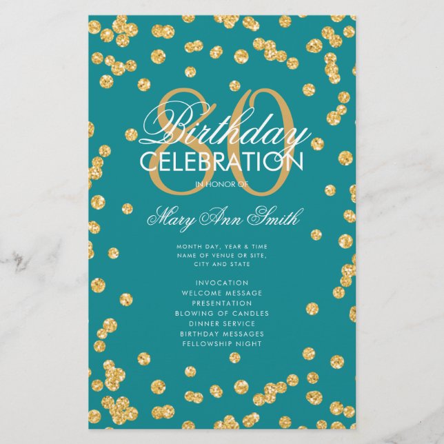80 Birthday Programa Dourado Glitter Teal com Menu (Frente)