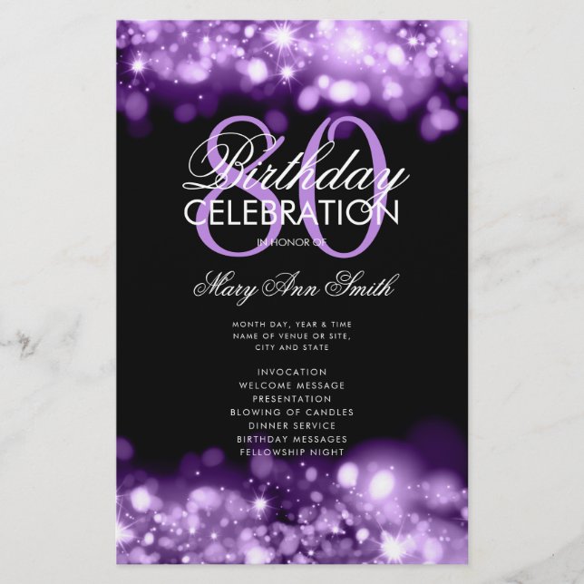 80 Birthday Programa Glam Luzes Puro Menu (Frente)