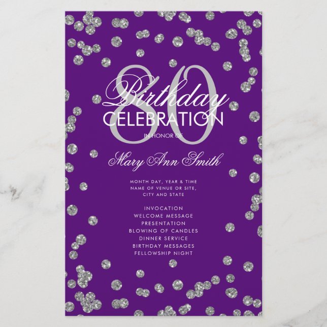 80 Birthday Programa Silver Purple Glitter Menu (Frente)