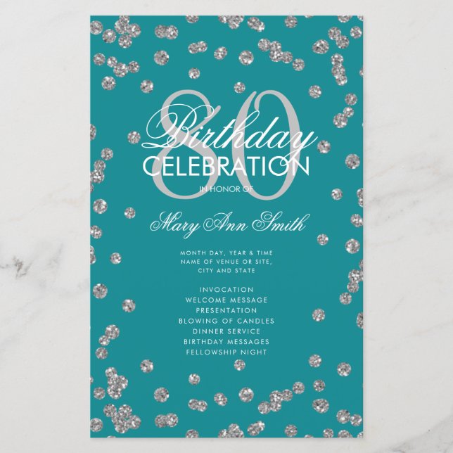 80 Birthday Programa Silver Teal Glitter Menu (Frente)