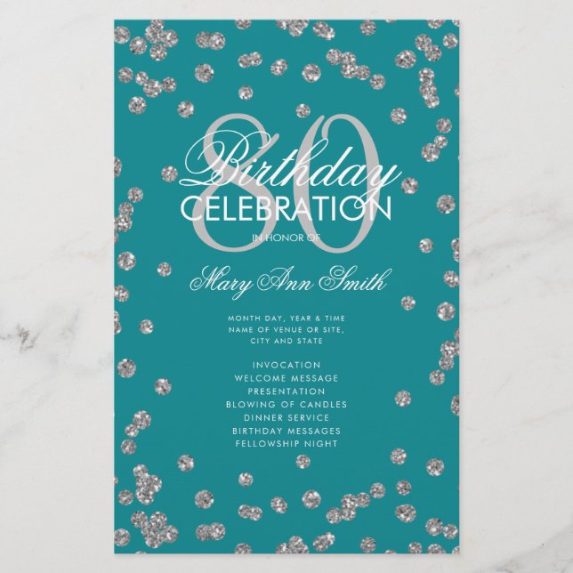 80 Birthday Programa Silver Teal Glitter Menu (Frente)