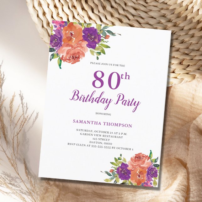 80 Birthday Roxo Convite Floral (Criador carregado)