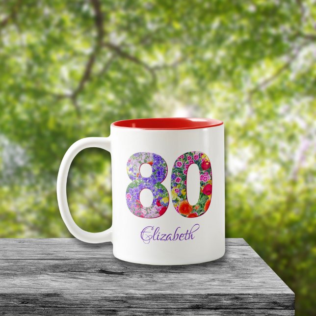80 de aniversário, caneca floral colorida (Criador carregado)