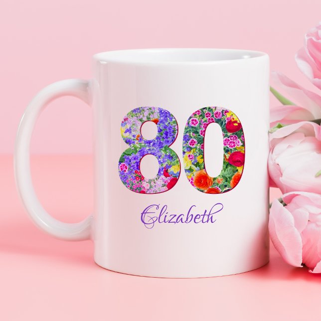 80 de aniversário, caneca floral colorida (Criador carregado)