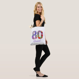 80 de aniversário nome floral colorido tote bag