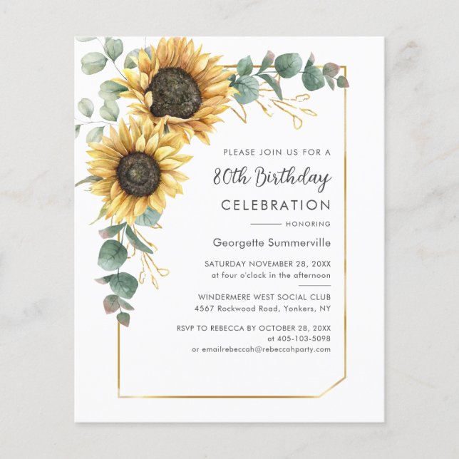 80 Festa de aniversário Girassol Eucalipto Convite (Frente)