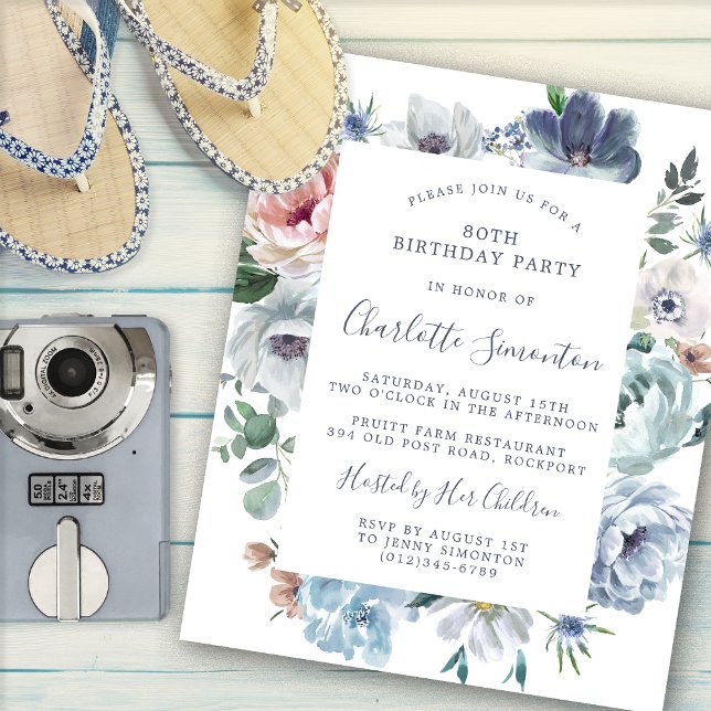 80 Floral Azul Dusty Convite de Aniversário (Criador carregado)