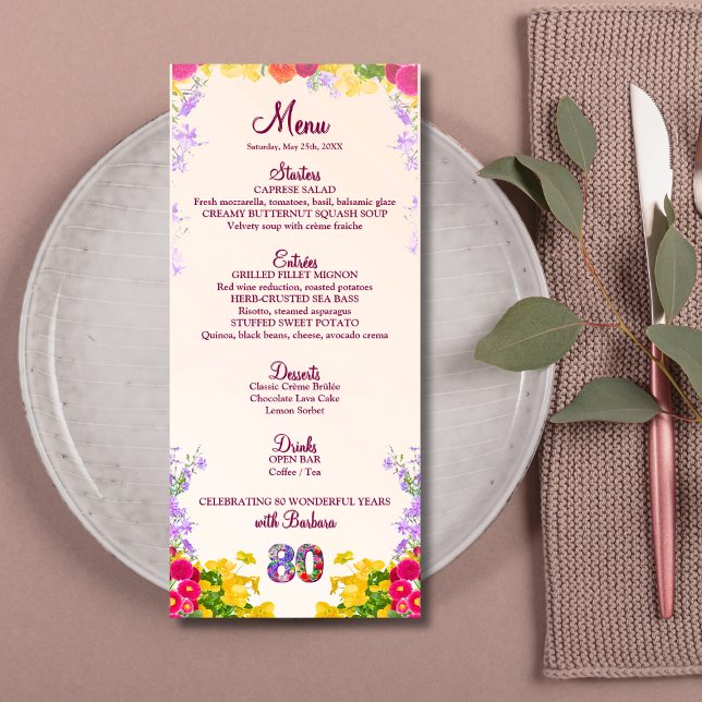 80 Floral Birthday Menu Card elegante 80 anos (Criador carregado)