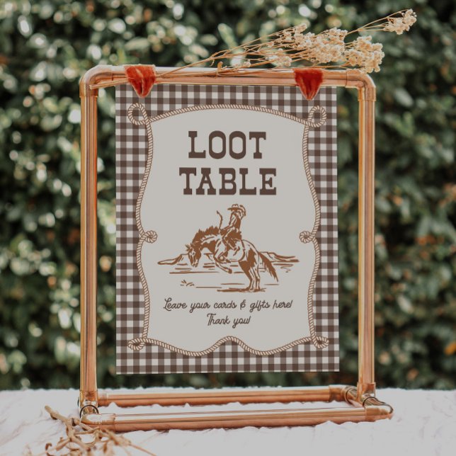 8x10 Brown Gingham Cowboy Loot Table Sign (Criador carregado)