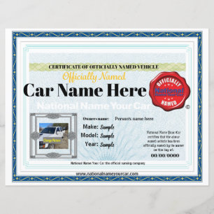8x11 Nome nacional Certificado oficial do seu carr